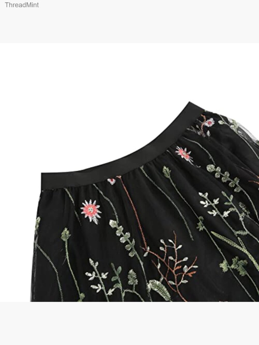 Vintage Floral Embroidered Tulle Midi Skirt Elastic High Waist A-line Swing - Picture 5 of 6